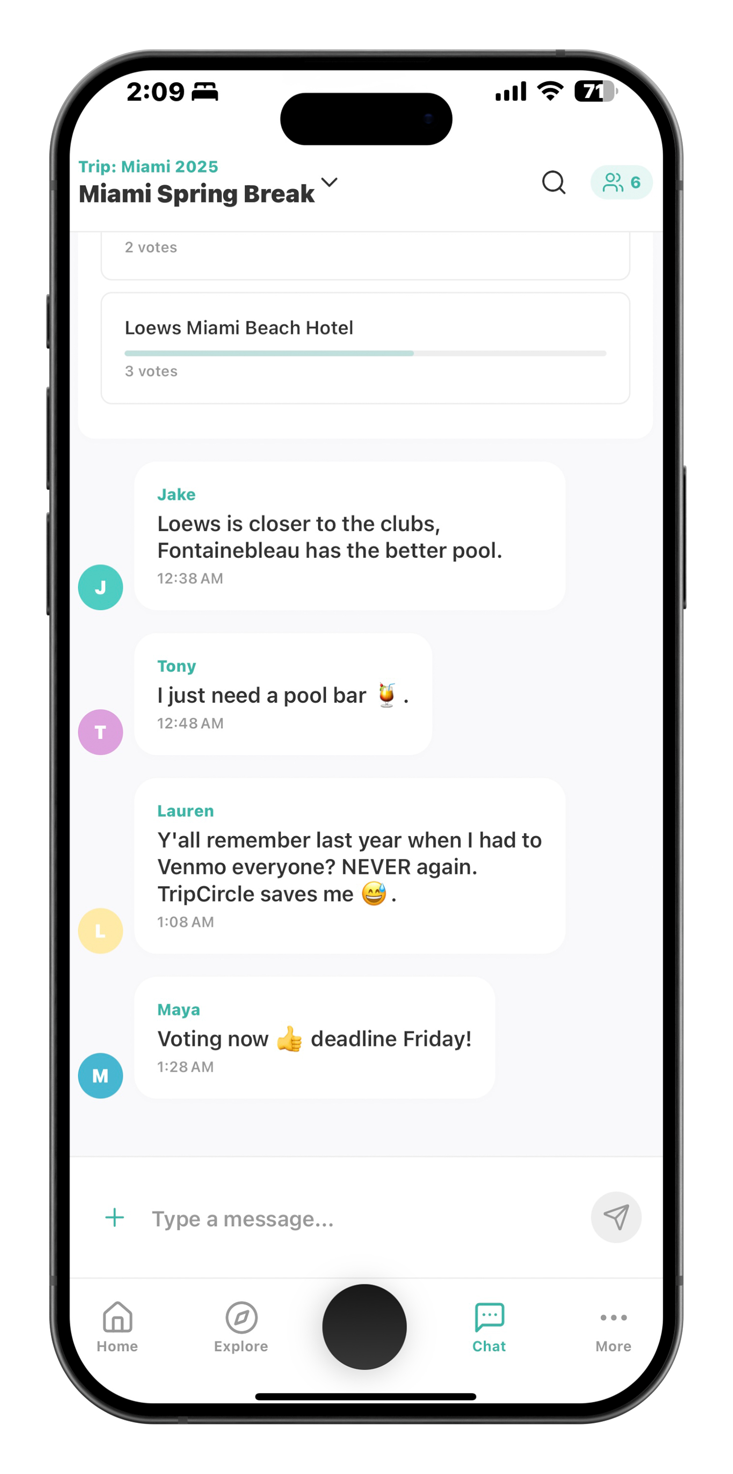 Miami chat continuation with voting deadline reminders and TripCircle testimonial from group member